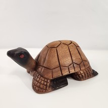 Hand Carved Sitting Turtle Wooden Figurine Dark Head Red Eye Deep Grooves 9&quot; - £26.77 GBP