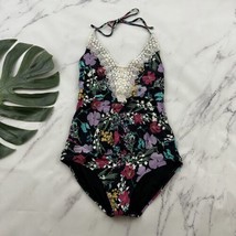 Sea Angel Womens One Piece Swimsuit Size S Black Pink Floral Lace Trim Halter - $22.76