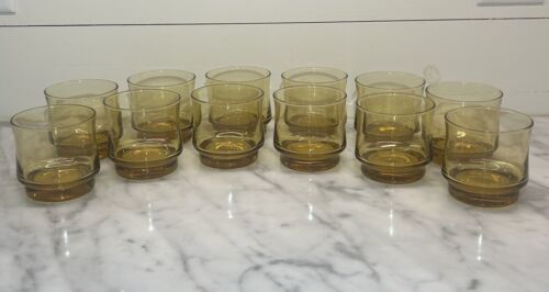 12 Vtg Amber Low Ball Tumblers Glasses 3.25” Tall Rocks Small Juice Whiskey EUC - $56.09