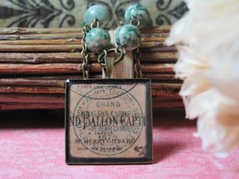 Green Necklace Resin Necklace French Ephemera Postcard Jewelry Vintage Necklace  - £23.98 GBP