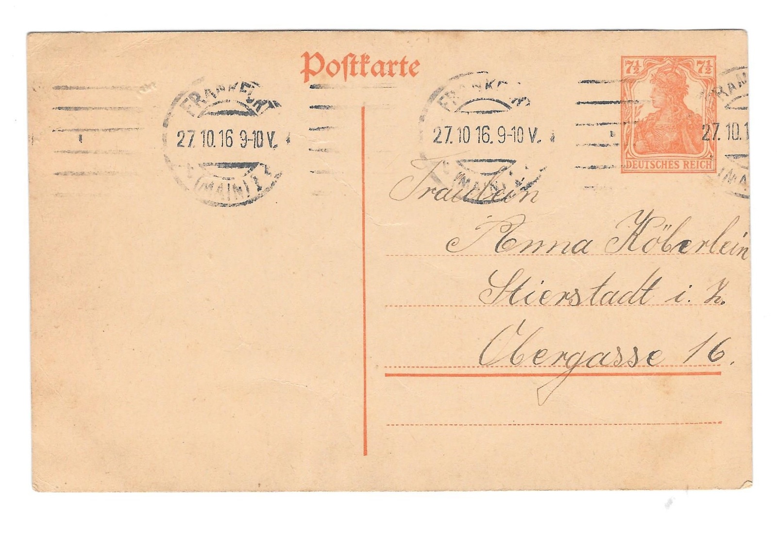 Germany 7 1/2 pf Germania Postal Card 1916 Frankfort am Maine Roller Cancel - £7.20 GBP