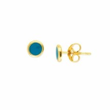 14K Solid Gold Turquoise Enamel Mini Stud Round Circle Earrings -Minimalist - £100.71 GBP