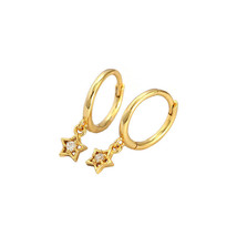 18k Yellow Gold Plated Hollow Dangling Star Simulated Diamond Hoop Drop Earrings - £32.80 GBP