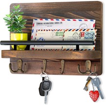 Mail Rack Key Holder Hanger Wall Letter Organizer with Shelf &amp; Hooks Rustic Wood - £33.64 GBP