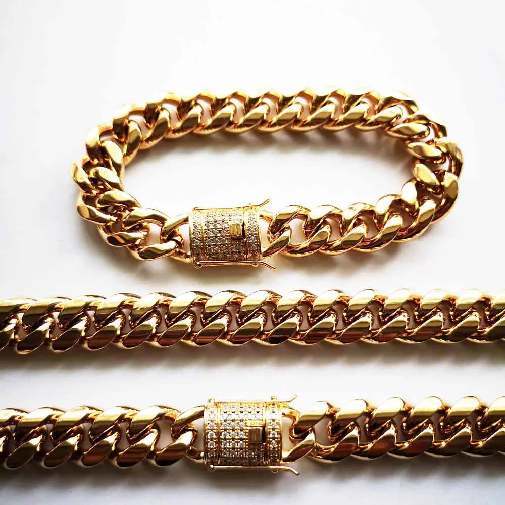 8/10/12/14mm Hip Hop Stainless Steel Mens Miami Cuban Link Gold CZ Chain Necklac - £76.02 GBP