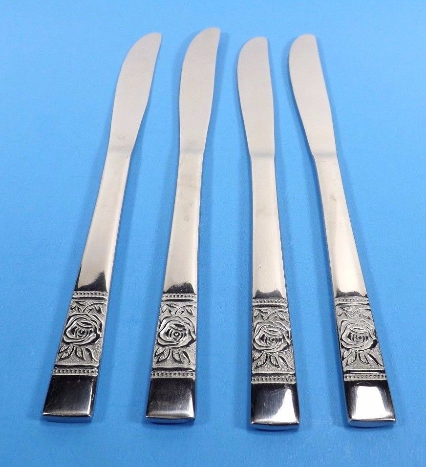 NATIONAL STAINLESS "LAUREEN" SET OF 4 DINNER KNIVES-LARGE SINGLE ROSE - £10.43 GBP