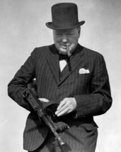 Winston Churchill puffing on his cigar holding machine gun great pose 8x10 photo - £7.84 GBP