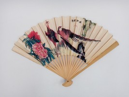 Vintage Oriental Accent Folding Hand Fan Asian Paper and Wood Hand Painted Birds - £10.28 GBP