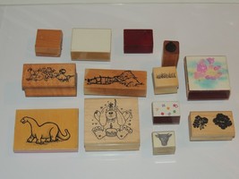 Lot of 13 Wood &amp; Rubber Stamps Assorted Sizes &amp; Subjects Dinosaur Clown ... - $8.09