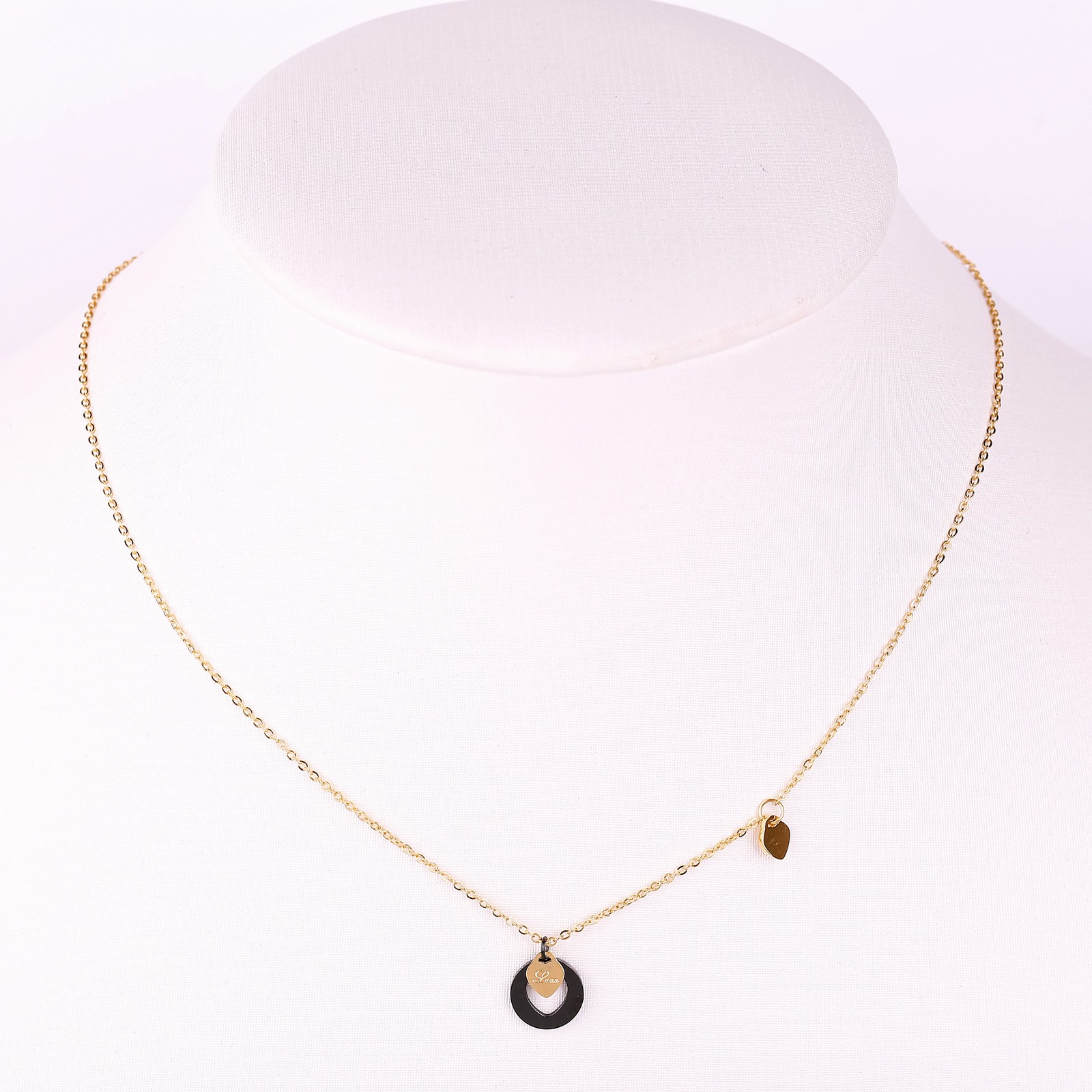 Rose Tone Necklace With Jet Black Heart Cut Out Pendant & Charm