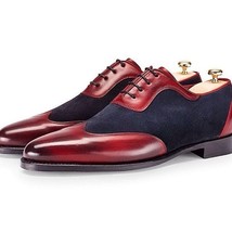 Two Tone Maroon Wingtip Denim Vamp Quarter Suede Leather Spectator Party Shoes - £101.82 GBP