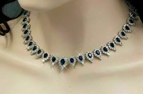 14K White Gold Plated Pear Simulated Sapphire &amp; Diamond Women's Necklace... - $459.99