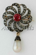 Victorian 1.50ct Rose Cut Diamond Ruby Pearl Wedding Brooch Vintage Halloween - £576.60 GBP