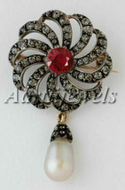 Victorian 1.50ct Rose Cut Diamond Ruby Pearl Wedding Brooch Vintage Hall... - £580.15 GBP