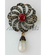 Victorian 1.50ct Rose Cut Diamond Ruby Pearl Wedding Brooch Vintage Hall... - £576.60 GBP