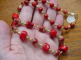 (v23) Red BAMBOO + SPONGE coral Beads gem beaded 22&quot; long Necklace JEWELRY - $40.19