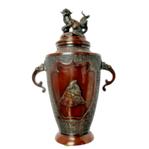 Antique Oriental Trophy Vase Foo-dog Finial Lid Mixed Metal Bronze Bird Impress - £79.55 GBP