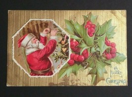 A Merry Christmas Santa Hanging Ornament c1910s Gold Embossed  Antique Postcard  - £7.86 GBP