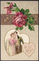 To My Valentine Winsch Back Color Emb. - Couple &amp; Roses Postcard  ca. 1910 - £9.63 GBP