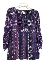 Chico&#39;s Womens Top Purple Size 3 Large Geometric Pullover Ruched Sleeve Stretch - £12.43 GBP