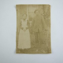 Photograph On Cloth Man with Rifle &amp; Wife in White Apron Antique 1800s RARE - £39.14 GBP