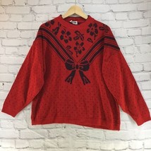 Classic Essentials Vintage 90&#39;s Red Sweater Black Bow Floral Print Women... - £15.56 GBP