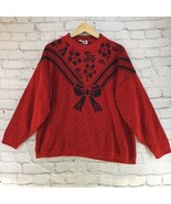 Classic Essentials Vintage 90&#39;s Red Sweater Black Bow Floral Print Women... - £15.56 GBP