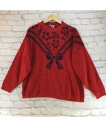 Classic Essentials Vintage 90&#39;s Red Sweater Black Bow Floral Print Women... - £15.28 GBP