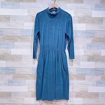 LL Bean Vintage Velour Mockneck Midi Dress Blue Cotton USA Made Womens Medium - £39.81 GBP