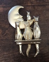 AJC Brooch Pin Cat Tails Figural Gold Tone Crescent Moon  4 Cats 80’s Vtg. - £6.33 GBP