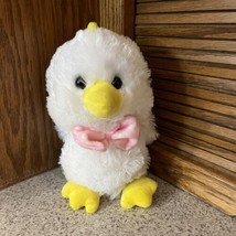 Hug Fun 8” White Chick With Pink Polkadot Bow Very Soft Plush Furry Duck - $13.29