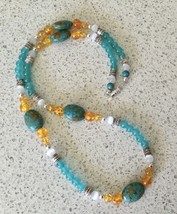 Teal Jade &amp; Mosaic Turquoise Beaded Necklace with Faux Amber Accents - £6.97 GBP