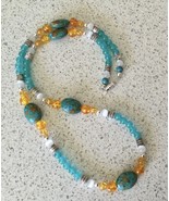 Teal Jade &amp; Mosaic Turquoise Beaded Necklace with Faux Amber Accents - £6.87 GBP