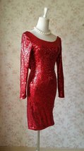 Sexy Wine Red Fitted Long Sleeve Open Back Sequin Dress Plus Size Party Dress image 2