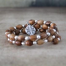 Beautiful Olive Wood Beads Bracelet With Silver Color Smaller Beads and Jerusale - £27.83 GBP