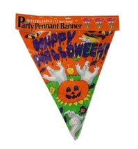 VTG Halloween Party Pennant Banner XL 12&#39; Long Jack-O-Lantern Ghost Spider NOS  - £14.15 GBP