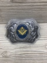 Freemason Masonic Belt Buckle Silver Tone VTG Lodge Blue Compass Square Nice - £7.78 GBP
