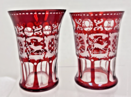 2 Victorian Ruby Cut To Clear Whiskey Glasses Dog &amp; Deer design 3 1/4 in... - $36.14