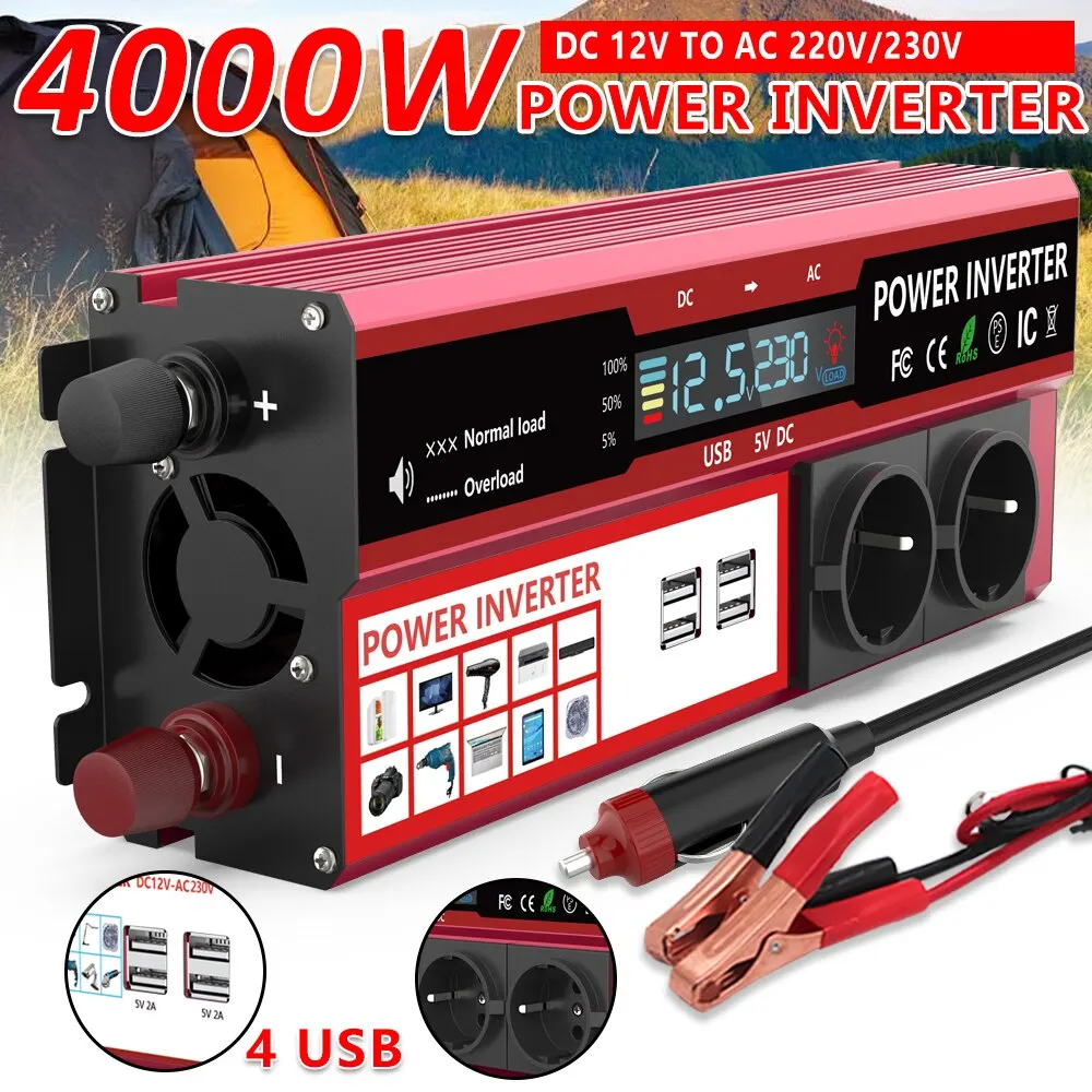 4000W 3000W Power Inverter DC 12V To AC 220V 230V Transformer with 4 USB EU - £52.58 GBP+