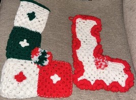 2 Vintage Crochet Christmas Stockings Handmade Granny Square Green Red White - £11.24 GBP