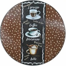 Round Glass Cutting Board / Trivet, app 8&quot;, 3 COFFEE TYPES &amp; BEANS ON BR... - $12.86