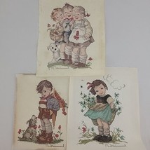 Girl Boy Embroidery Finished Set 3 Hummel Children Floral Basket Multi Color Vtg - $36.95