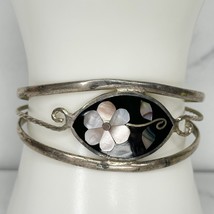 Vintage Alpaca Silver Tone Abalone Mother of Pearl Flower Inlay Cuff Bracelet - £19.37 GBP