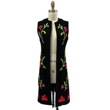 VTG Di Costa 100% Wool Long Black Sweater Vest Embroidered Floral Patter... - $123.85