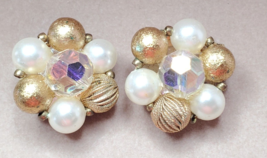 Vintage Lisner Clip On Earrings Gold Tone Pearl Bead Cluster Clear AB Crystal - $9.85
