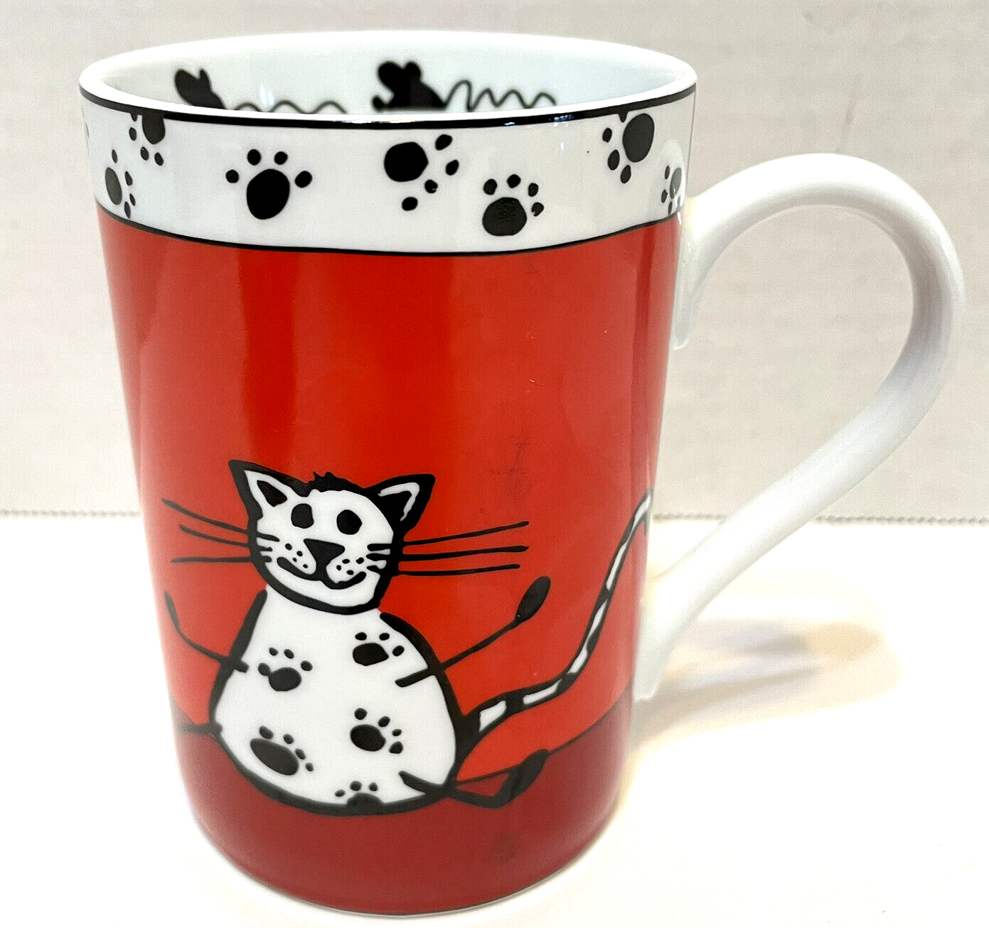 Primary image for Pier 1 Cat and Mouse Porcelain Coffee Tea Cup Mug Paw Prints Red Black White