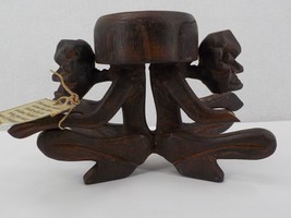 HANDCRAFTED WOODEN PILLAR CANDLE HOLDER TWO GOTHIC SEATED MEN ANTIQUED S... - £19.57 GBP