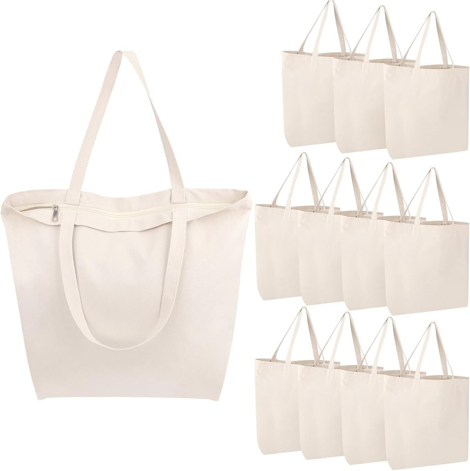 Natural Cotton Canvas Tote Bags - 12 Pack with Zipper, Perfect for DIY & Beach Item image 3