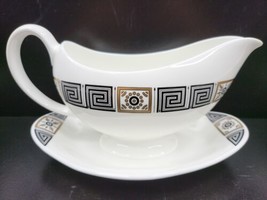 Wedgwood Asia Black Gravy Boat Attached Underplate Vintage Greek Key England - £55.29 GBP