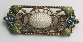 Gold Tone Filigree Style Enamel White, Green &amp; Blue Bar Brooch Pin 1 7/8&quot; x 5/8&quot; - £7.63 GBP